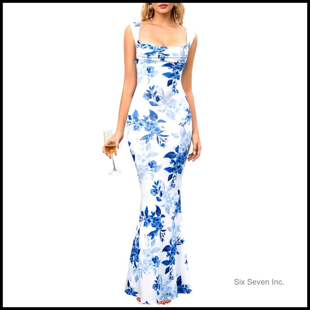 Floral Wedding Guest Bodycon Maxi Dress Cowl Neck Formal Party